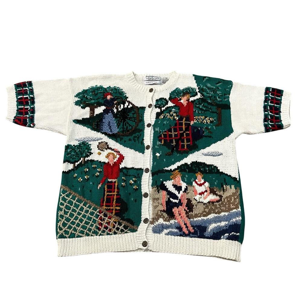 80s VTG Signatures By Northern Isles Sports Themed Cardigan Large Novelty White